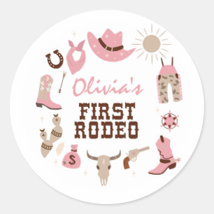 Pegatina Redonda Primer Rodeo Pink Western Cowboy Cumpleaños 1
