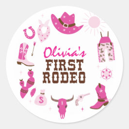 Pegatina Redonda Primer Rodeo Pink Western Vaquero Cumpleaños 1