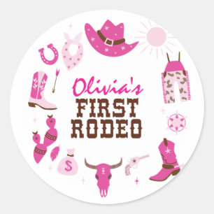 Pegatina Redonda Primer Rodeo Pink Western Vaquero Cumpleaños 1