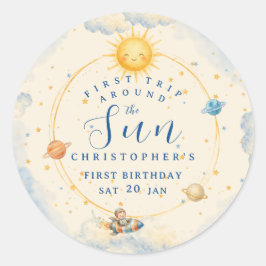 Pegatina Redonda Primer viaje alrededor del Sol Cumpleaños primero
