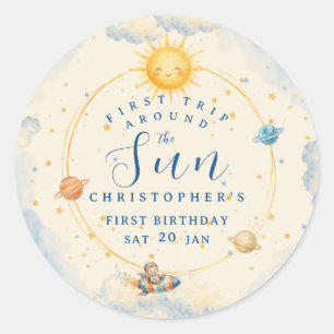 Pegatina Redonda Primer viaje alrededor del Sol Cumpleaños primero