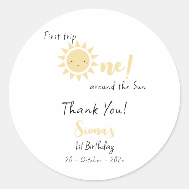 Pegatina Redonda Primer Viaje Alrededor Del Sol Cute Primer Cumplea (Anverso)