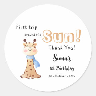 Pegatina Redonda Primer Viaje Alrededor Del Sol Giraffe Primer Cump