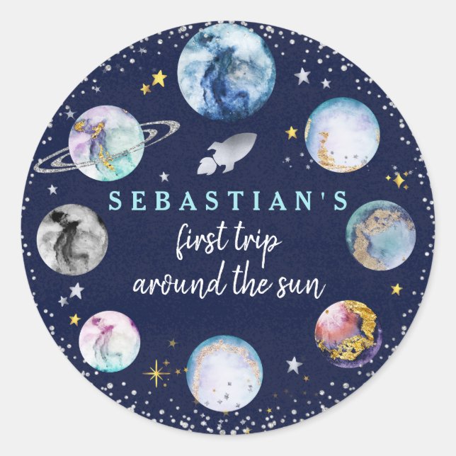 Pegatina Redonda Primer Viaje De La Fiesta Del Cumpleaños Espacial  (Anverso)