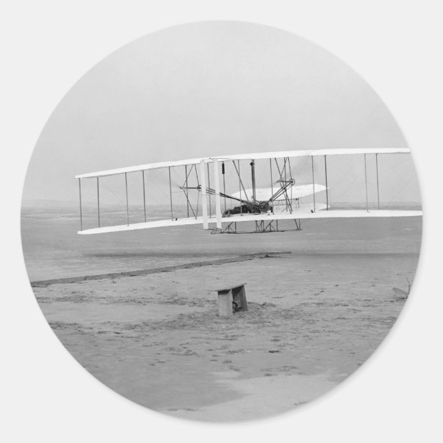 Pegatina Redonda Primer vuelo acertado del aviador de Wright (Anverso)