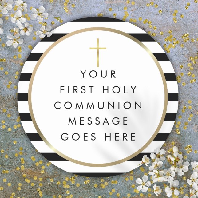 Pegatina Redonda Primera banda de cruz de oro mensaje de comunión s (Gold Cross Stripe First Holy Communion Message Classic Round Sticker)