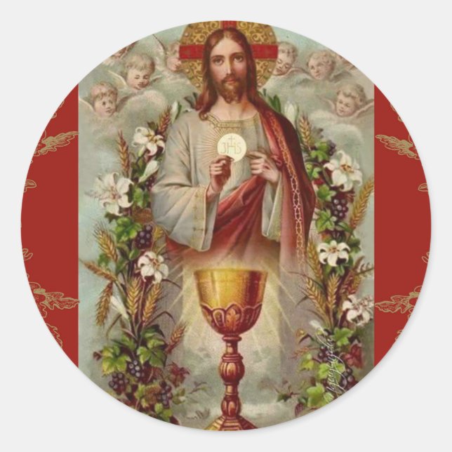 Pegatina Redonda Primera Comunidad Sagrada Jesús Calice Flores (Anverso)