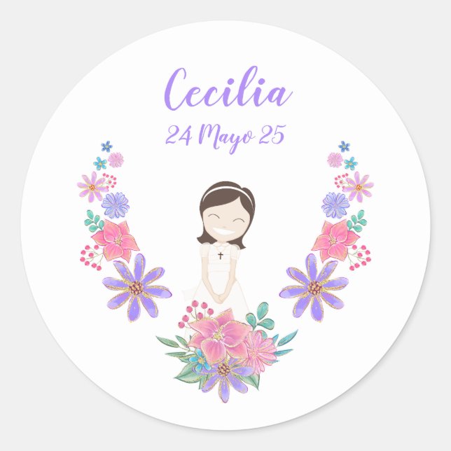 Pegatina redonda Primera Comunión CECILIA (Anverso)