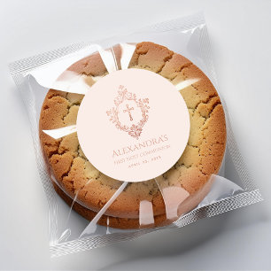 Pegatina Redonda Primera Comunión Cresta Elegante Rosa Dorado Rosa 