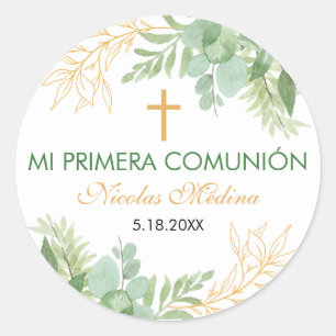 Pegatina Redonda Primera comunión de acuarela Primera comunión