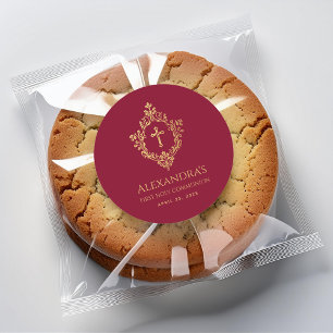 Pegatina Redonda Primera Comunión de Niña Burgundy Crest Dorado Rel