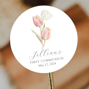 Pegatina Redonda Primera Comunión de Tulipán Elegante