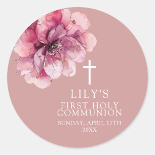 Pegatina Redonda Primera Comunión floral elegante en acuarela rosa