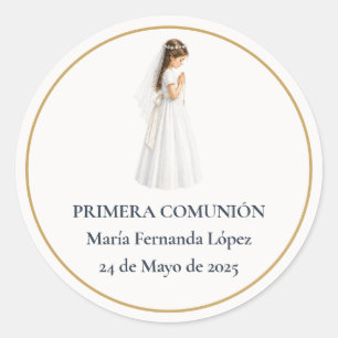 Pegatina Redonda Primera Comunión Niña Rezando