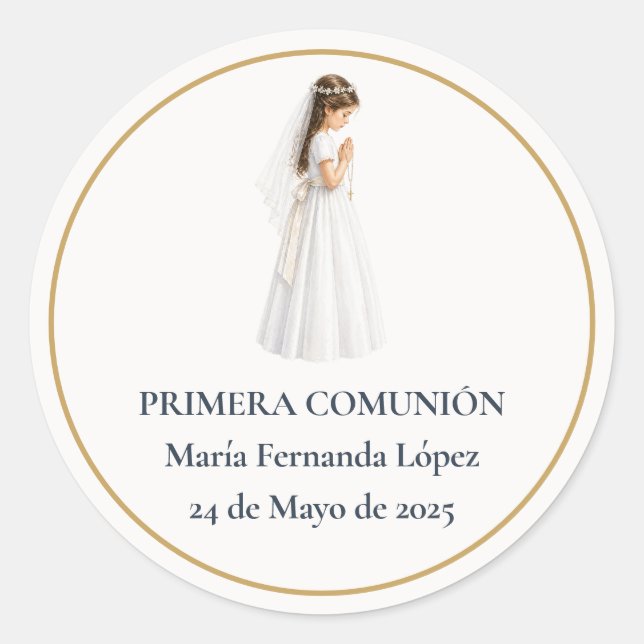 Pegatina Redonda Primera Comunión Niña Rezando (Anverso)