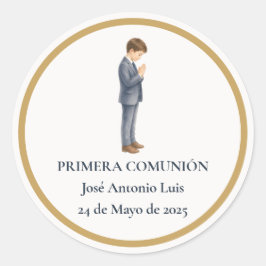 Pegatina Redonda Primera Comunión Niño Rezando