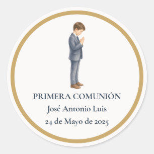 Pegatina Redonda Primera Comunión Niño Rezando