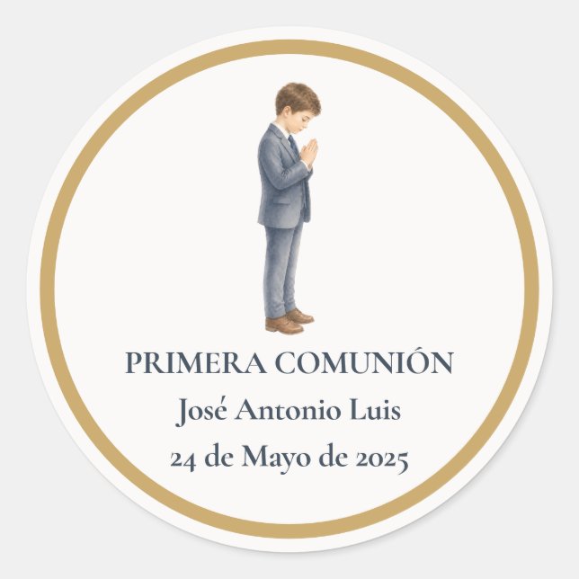 Pegatina Redonda Primera Comunión Niño Rezando (Anverso)