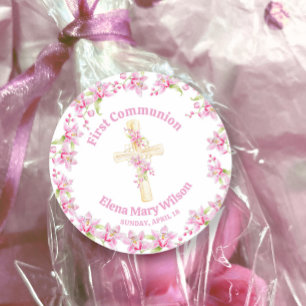 Pegatina Redonda Primera Comunión orquídea rosa acuarela