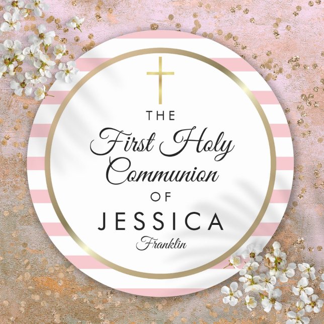 Pegatina Redonda Primera Comunión Santa Cruz Rosa (Gold Cross Pink Stripe First Holy Communion Classic Round Sticker)