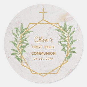Pegatina Redonda Primera Comunión Verde Botánico Geométrico Dorado