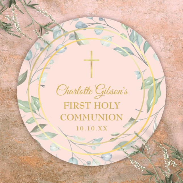 Pegatina Redonda Primera Comunión Verde con Rosa Tímido (Blush Pink First Holy Communion Greenery Classic Round Sticker)