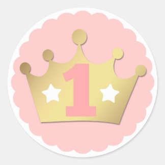 Pegatina Redonda Primera corona de princesa de oro de cumpleaños y 