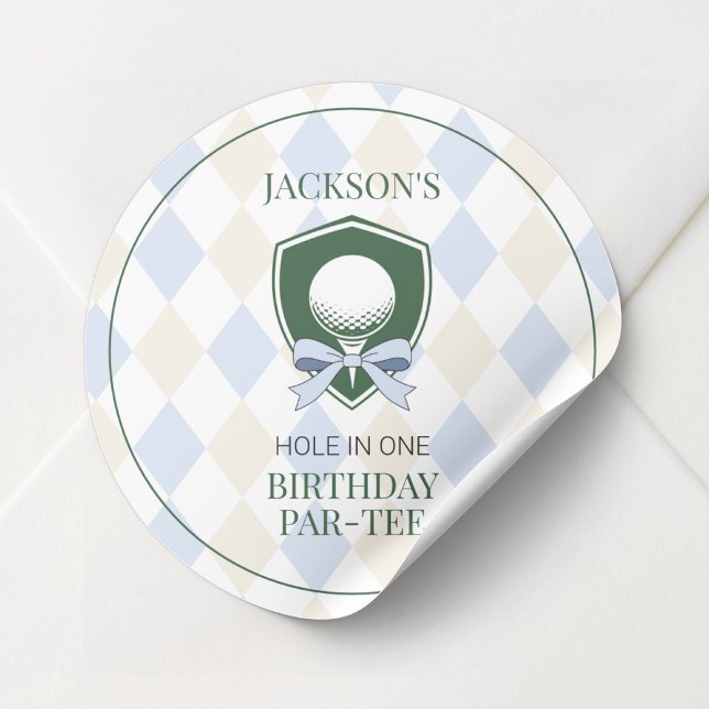 Pegatina Redonda Primera fiesta de cumpleaños de los chicos de Blue (Personalized Blue Golf Boys First Birthday Partee Classic Round Sticker)
