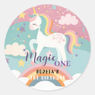 Pegatina Redonda Primera fiesta de cumpleaños de Unicorn Magic