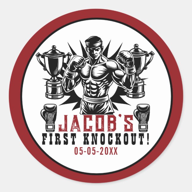 Pegatina Redonda Primera fiesta de cumpleaños del Boxeo de Knockout (Anverso)