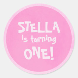 Pegatina Redonda Primera fiesta de cumpleaños personalizado Rosa