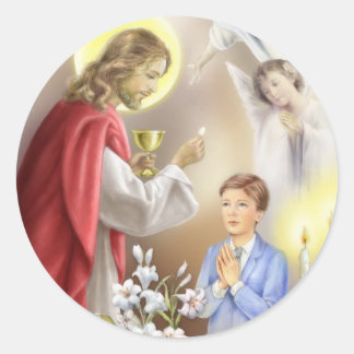 Pegatina Redonda Primera invitación a la comunidad sagrada para los