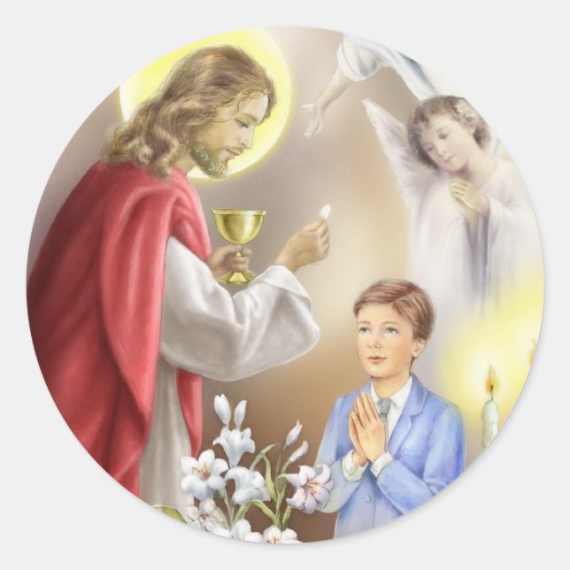 Pegatina Redonda Primera invitación a la comunidad sagrada para los (Anverso)