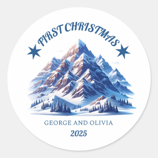 Pegatina Redonda Primera Navidad de George y Olivia (Anverso)