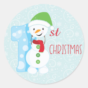 Pegatina Redonda Primera Navidad de Snowman