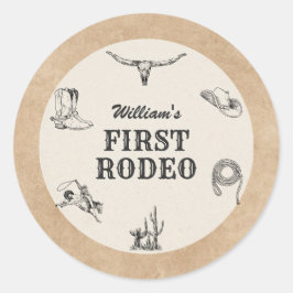 Pegatina Redonda Primera Rodeo Vintage Neutral Vaquero Cumpleaños 1