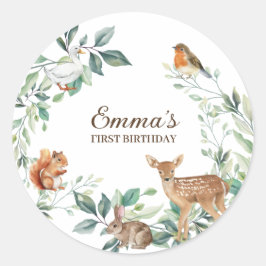 Pegatina Redonda Primeros cumpleaños de los animales del bosque de 