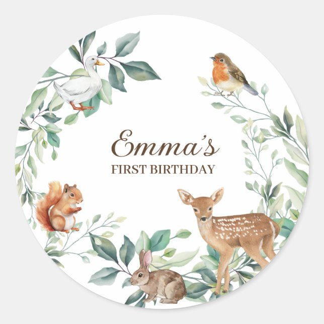 Pegatina Redonda Primeros cumpleaños de los animales del bosque de  (Anverso)