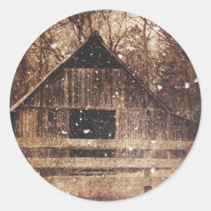 Pegatina Redonda Primitivo Invierno País de Nieve Rural Antiguo Bar