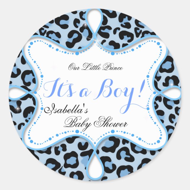 Pegatina Redonda Prince Baby Shower Boy Blue Leopard (Anverso)