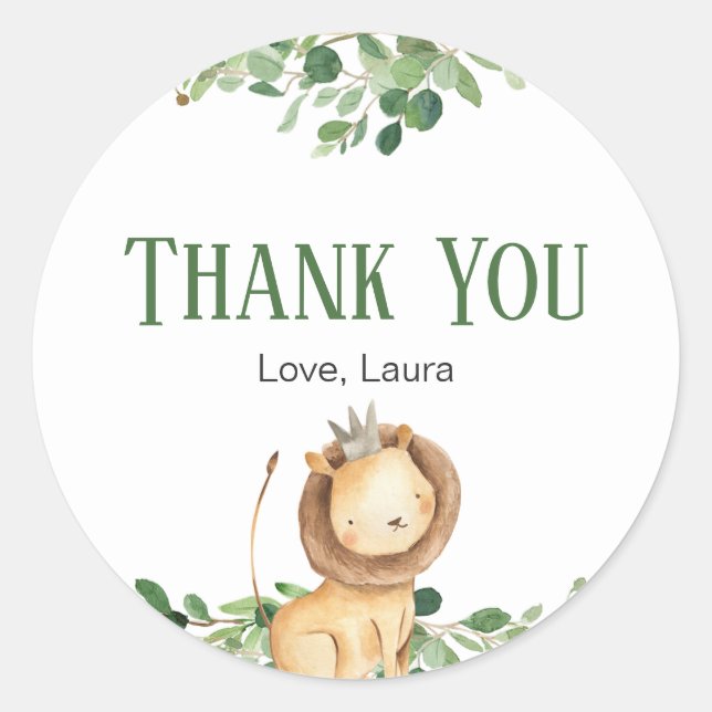 Pegatina Redonda Prince Lion Greenery Floral Baby Shower (Anverso)