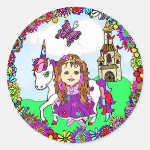 Pegatina Redonda Princesa bonito y Castillo de Unicornio