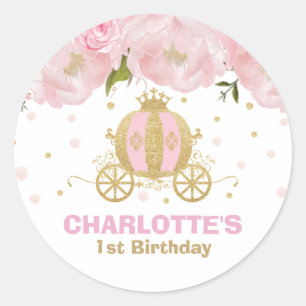 Pegatina Redonda Princesa Carriage Floral Rosa y Gold Favor