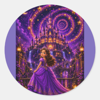 Pegatina Redonda Princesa Castillo Arte Fantasía Púrpura | Cósmico 