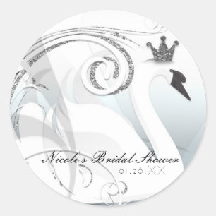 Pegatina Redonda Princesa Cisne Favor de Fiesta Elegante Plata y Bl