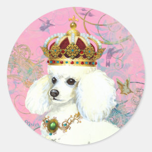 Pegatina Redonda Princesa de caniche blanco con colibríes