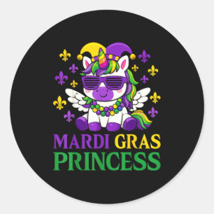 Pegatina Redonda Princesa de Mardi Gras Nueva Orleans Chica Unicorn