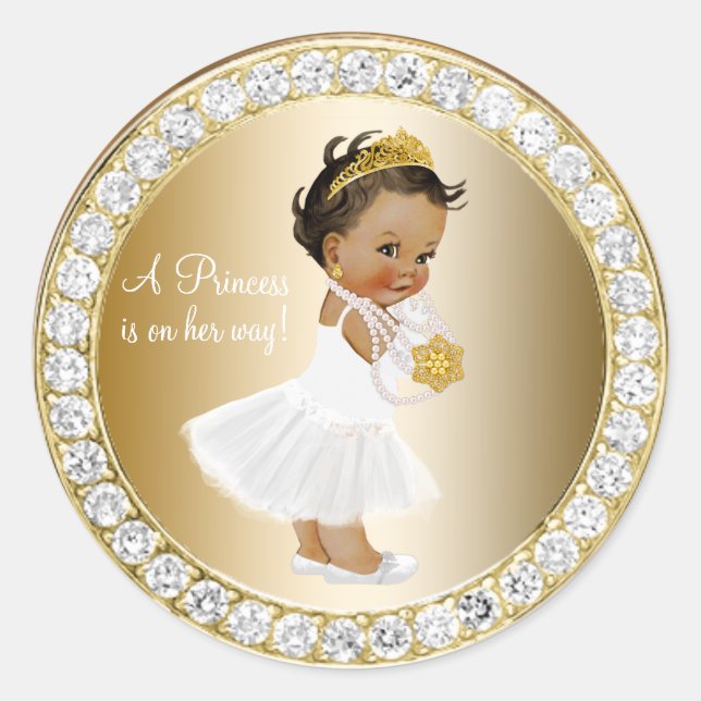 Pegatina Redonda Princesa de oro de diamantes Baby Shower Favor (Anverso)