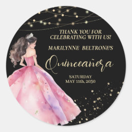 Pegatina Redonda Princesa de oro rosa Quinceañera