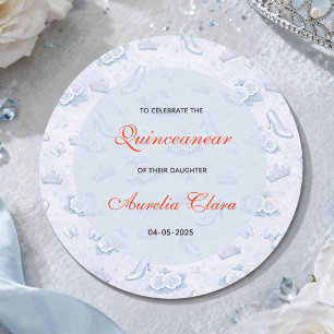Pegatina Redonda Princesa de Quinceañera Cumpleaños Plata Azul Clar